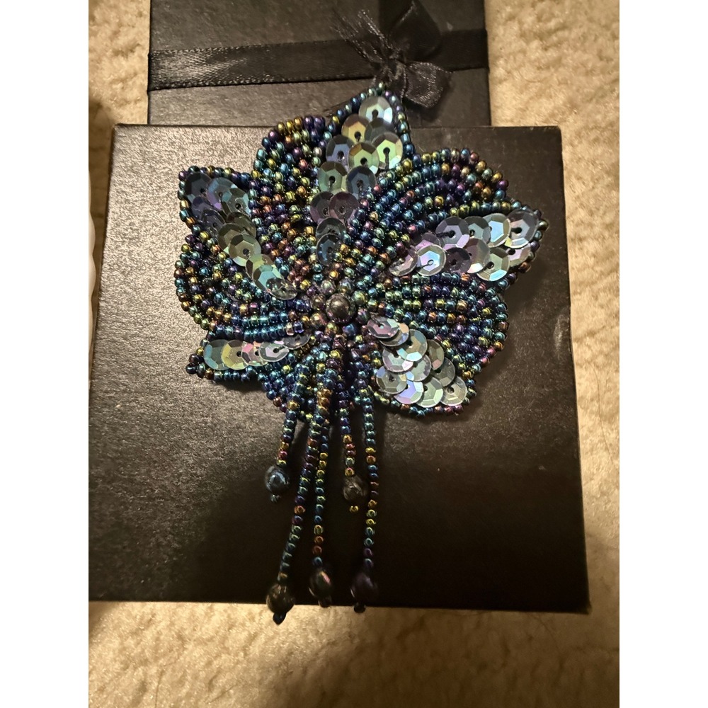 Handmade Beaded Flower Brooch‎ Pin Iridescent Blue Green Sparkle Statement